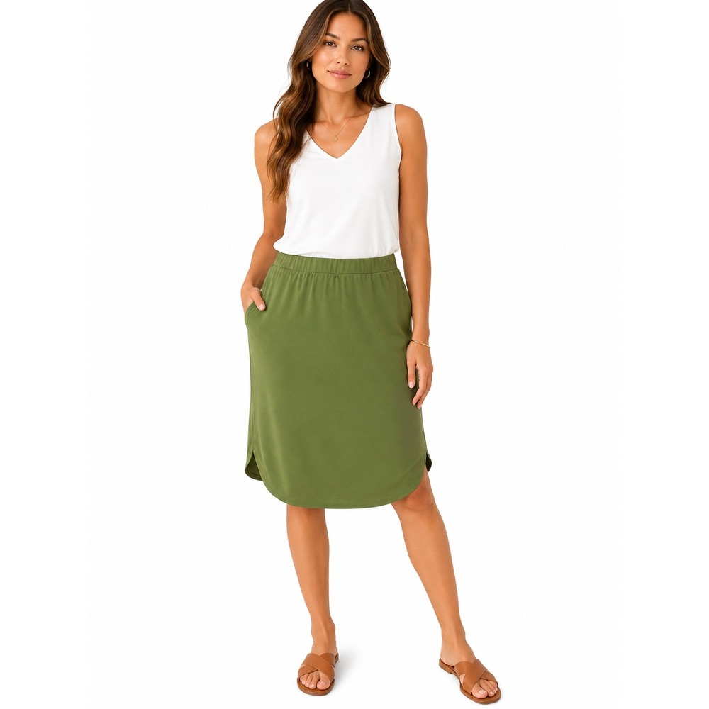 Susan Graver Modern Essentials Olive Green Liquid Knit Midi Skirt Pockets MP